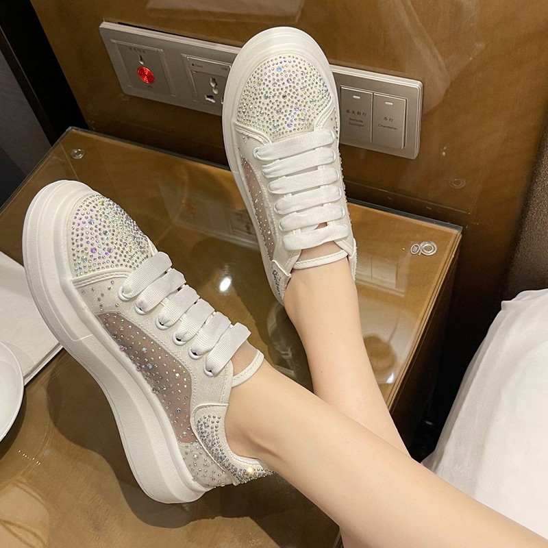 JMPRS Platform Shining Crystal Sneakers Women 2022 Spring Breathable White Mesh Sneaker Woman Comfort Flat Heel Casual Shoes