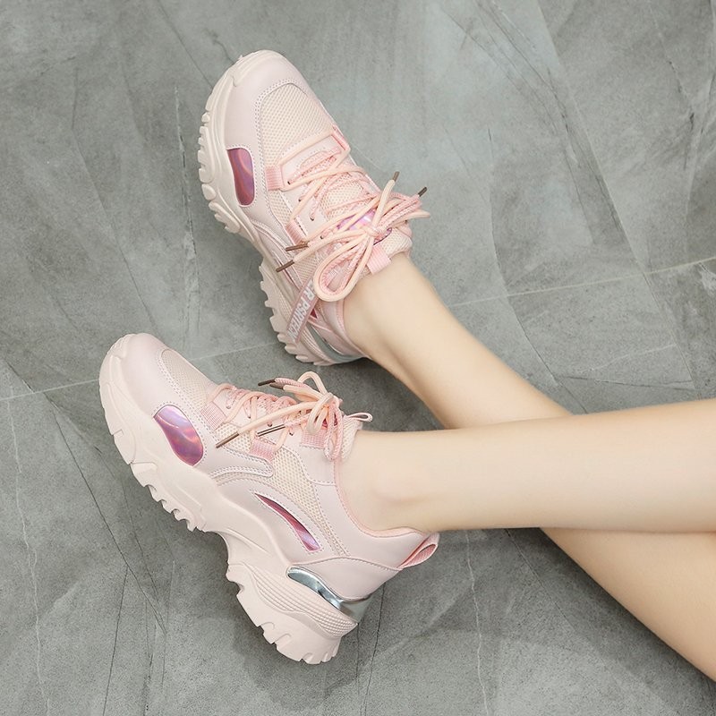 Rimocy 2022 Spring Women Pink Platform Sneakers Breathable Outdoor Sports Running Shoes Woman Mesh Comfort Lace Up Casual Shoes