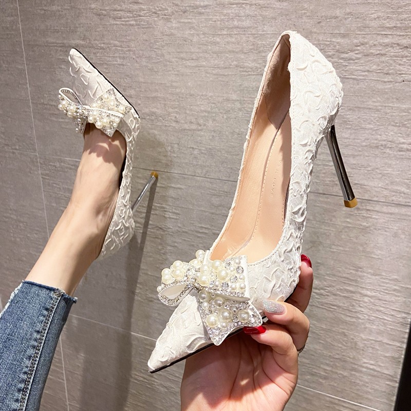 Rimocy Sexy Stiletto Heels Wedding Pumps Women Designer Luxury Pearl Bowknot Thin High Heels Pointed Toe Party Dress Shoes Woman