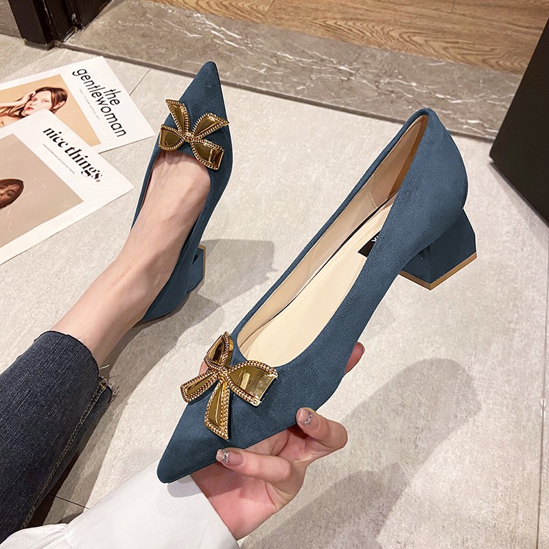 Rimocy Fashion Gold Bowknot Women Pumps Pointed Toe Thick Heels Office Shoes Woman 2022 Spring Comfortable Shallow Ladies Pumps