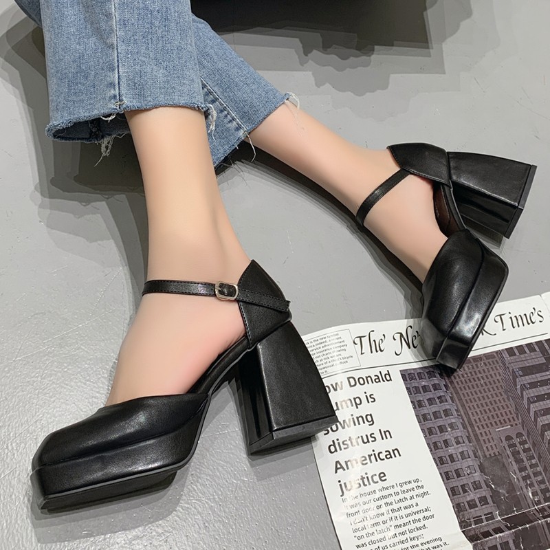 Lucifer 2022 Women Platform Platform Ankle Strap Shoes Women Square Heel Faux Leather Shoes Mary Jane Thick High Heels Women Shoes