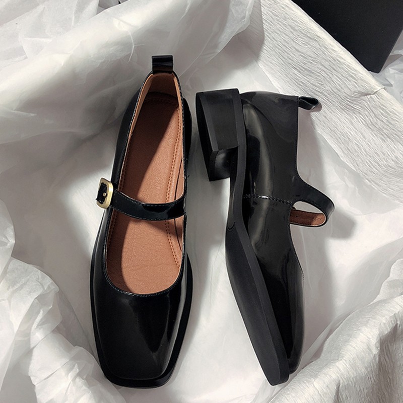 Lucifer Buckle Strap Low Heel Mary Jane Shoes Women 2022 Square Toe Patent Leather Shoes Woman Vintage Dark Brown Pumps Ladies