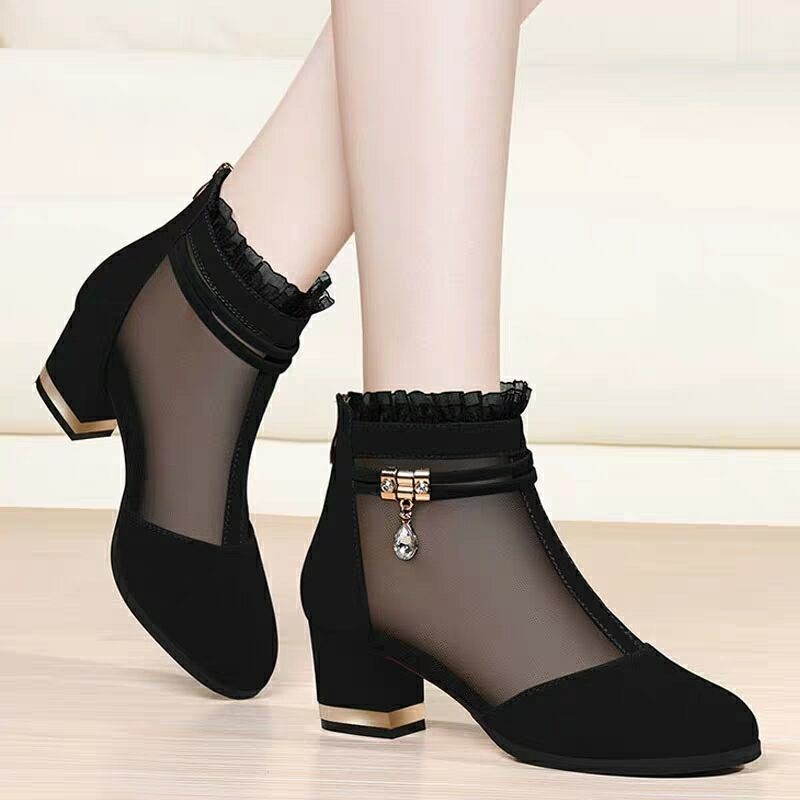 Woman Mesh Gauze Light Heels Chunky Heels Pants Female Shoes Fash Breathable Shoes New Black Single Shoes Shoes Sandals