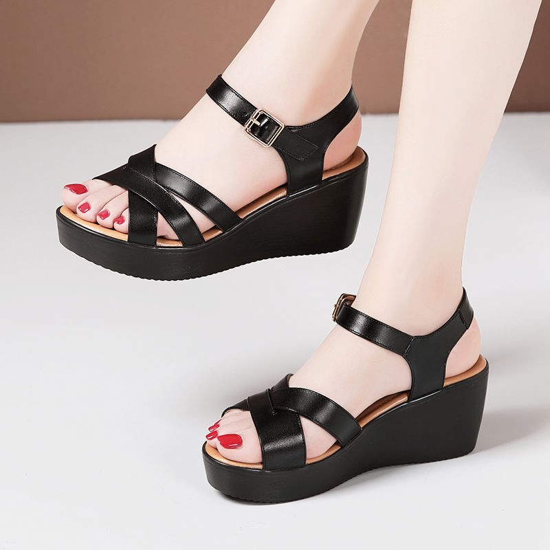 Women sandals summer 2021 new fashion middle-aged mother wooden sandals high heels soft-soled elegant sandals outerwear