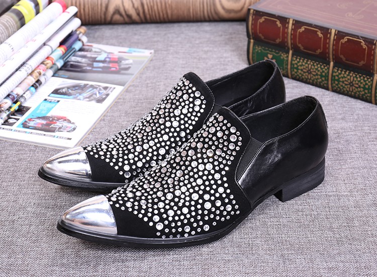 Spring summer fashion loafers rhinestones casual shoes men pointed toe slip on real leather shoes nightclub bar party shoes