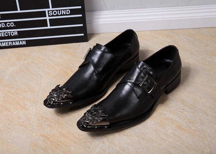 Luxury Metal Pointed Toe Genuine Leather Dress Shoes Men Fashion Buckle Business Work Shoes Brand Design Mens Shoes Size 37-46