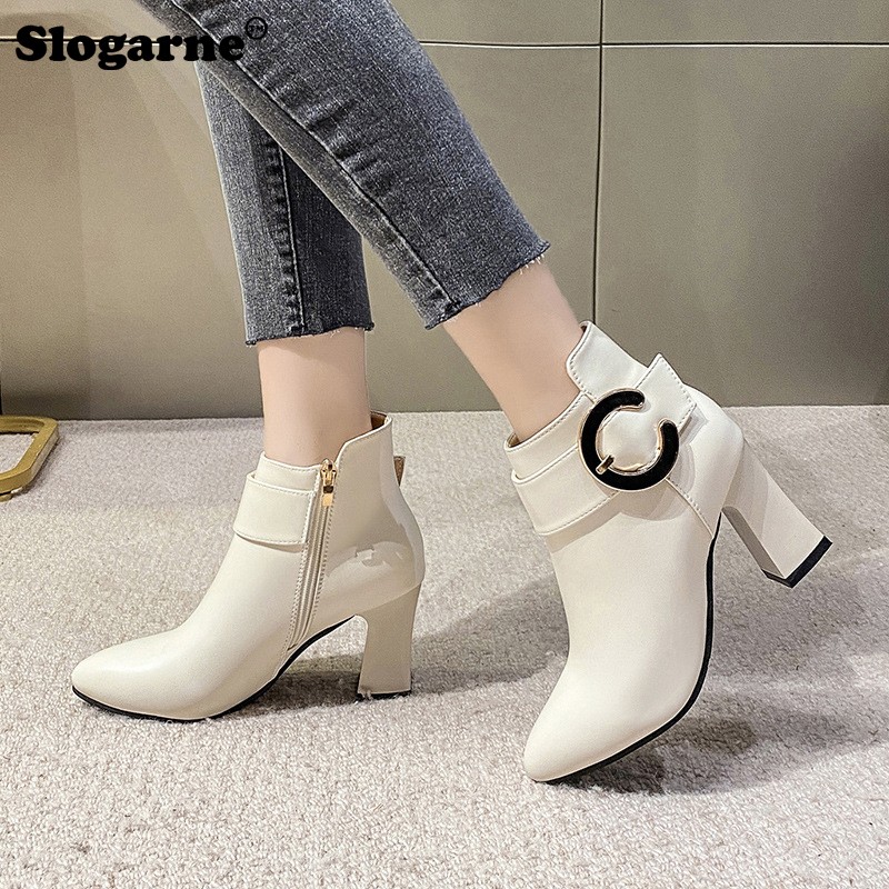 Women High Heels Short Boots Female Spring Autumn Ankle Boots Side Zippers Woman Soft Leather Shoes Waterproof Pumps Thick Heel