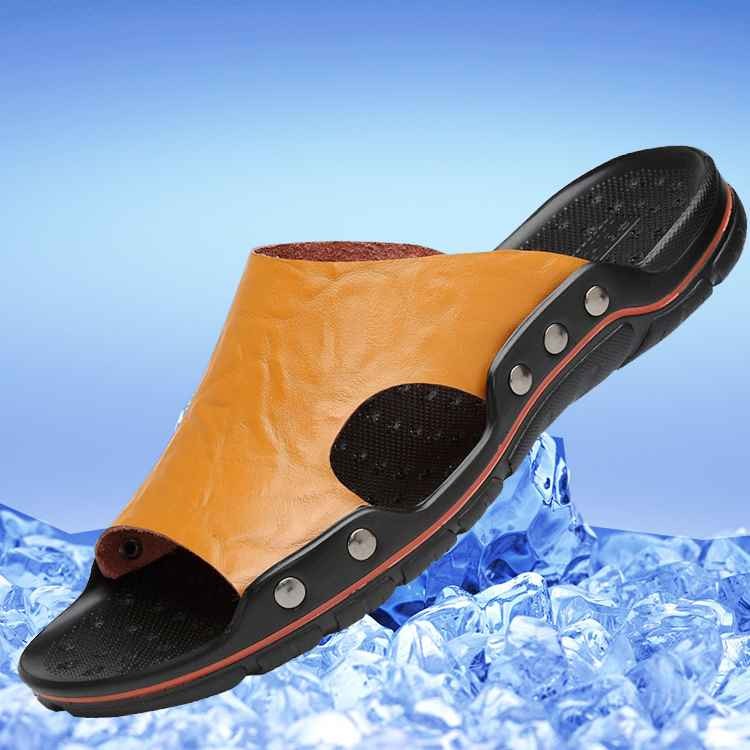 Shoes For Men Summer Slippers Genuine Leather Mens Flip Flops Comfortable Brown Beach Slides Bathroom Shoes Casual Home Slippers