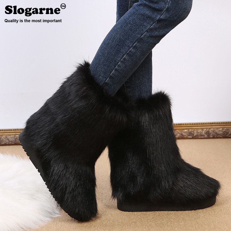 Women Snow Boots Outdoor Fur Boots Fluffy Fur Female Luxury Furry Plush Bottes Warm Mid-Calf Winter Boots Large Size Platform