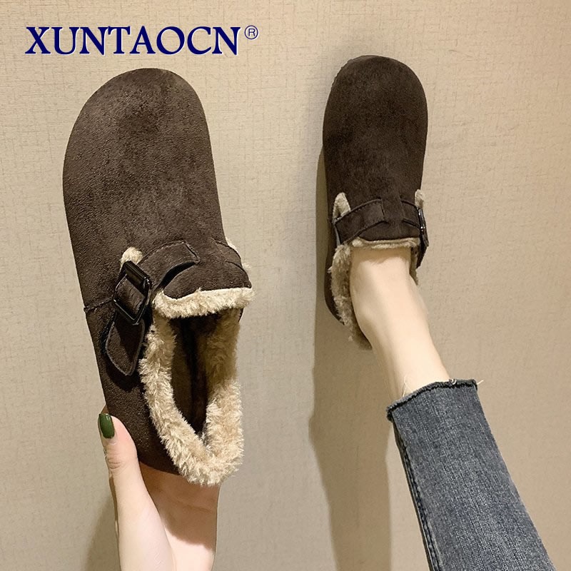 2022 New Solid Color Short Boots Buckle Strap Women Shoes Furry Plush Slip-on Flat Footwear Winter Warm Booties Female Snow Boot