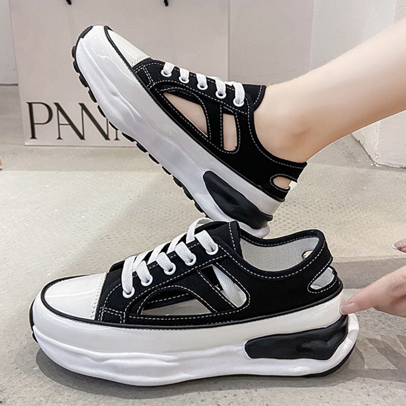 Lucifer Hollow Out Canvas Sneakers Women 2021 Fashion Lace Up Thick Bottom Vulcanize Shoes Woman Non-slip Platform Sandals Lady