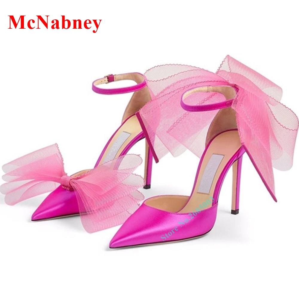 Mesh Butterfly Knot Women's Sandals Pointed Toe Solid Satin Ankle Straps Thin High Heels Sexy Women Shoes Designer Summer Sandals