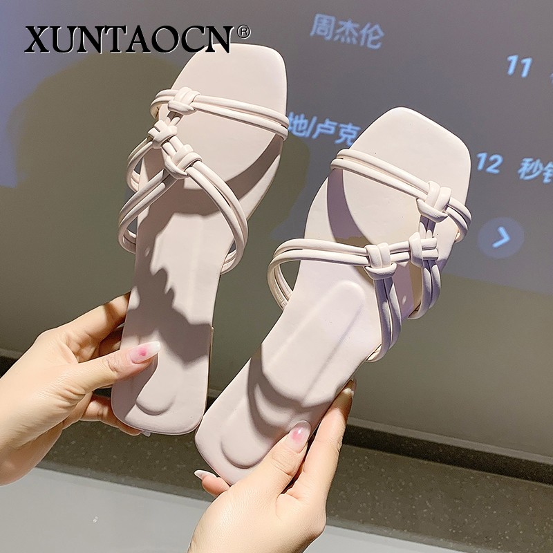 2022 Slippers women summer Korean version new square-toe flat-heel candy color fashion outer wear sandals slippers