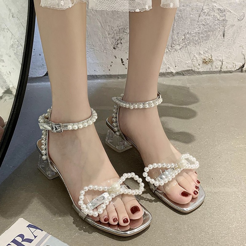 Rimocy Fashion Ankle Strap Pearl Sandals Women 2022 Summer PVC Transparent Heels Sandalias Mujer Beaded Bow Party Shoes Woman