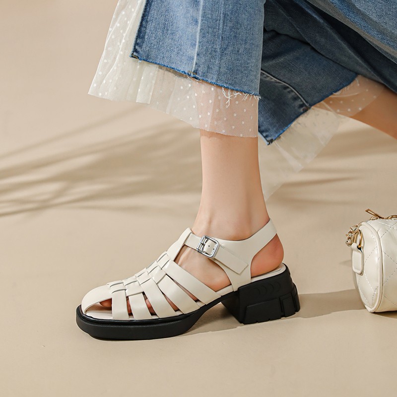 2022 summer women shoes round toe low heel shoes women solid women sandals casual cow leather shoes for women roman black shoes