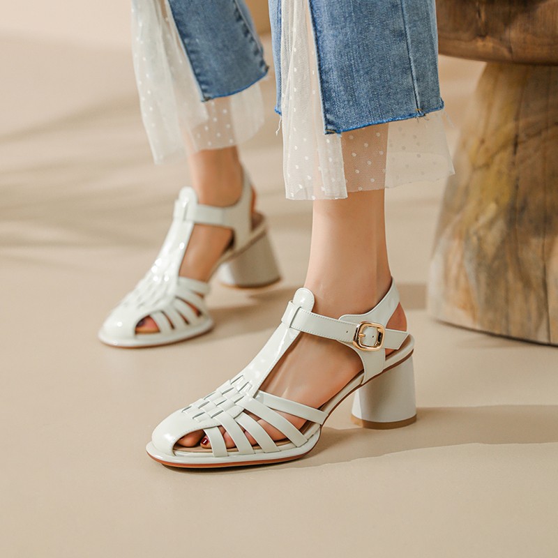 2022 New Cowhide Gladiator Sandals Women Sandals Buckle Ladies Comfortable High Heel Shoes