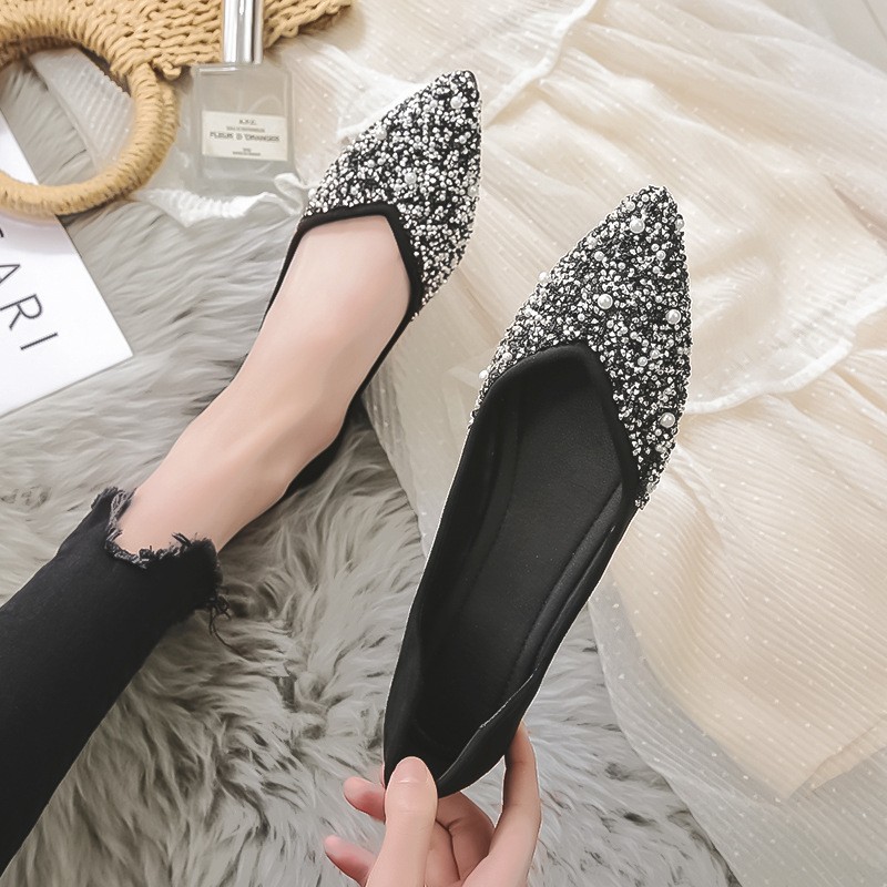 women flat shoes ballet shoes pearl diamond sequins breathable knit pointed loafers spring summer ladies soft loafers