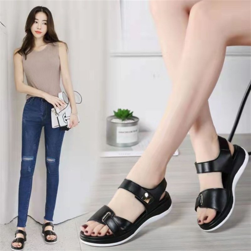 2022 Summer Fashion Women Ladies Mother Genuine Leather Shoes Sandals Flats Soft Hook Loop Korean Bling Summer Beach Size 35-40