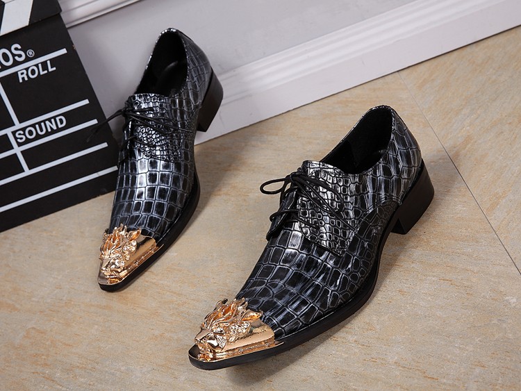 Personality fashion iron toe leather dress shoes men trend business casual shoes men lace up rivet derby shoes big yards 45 46