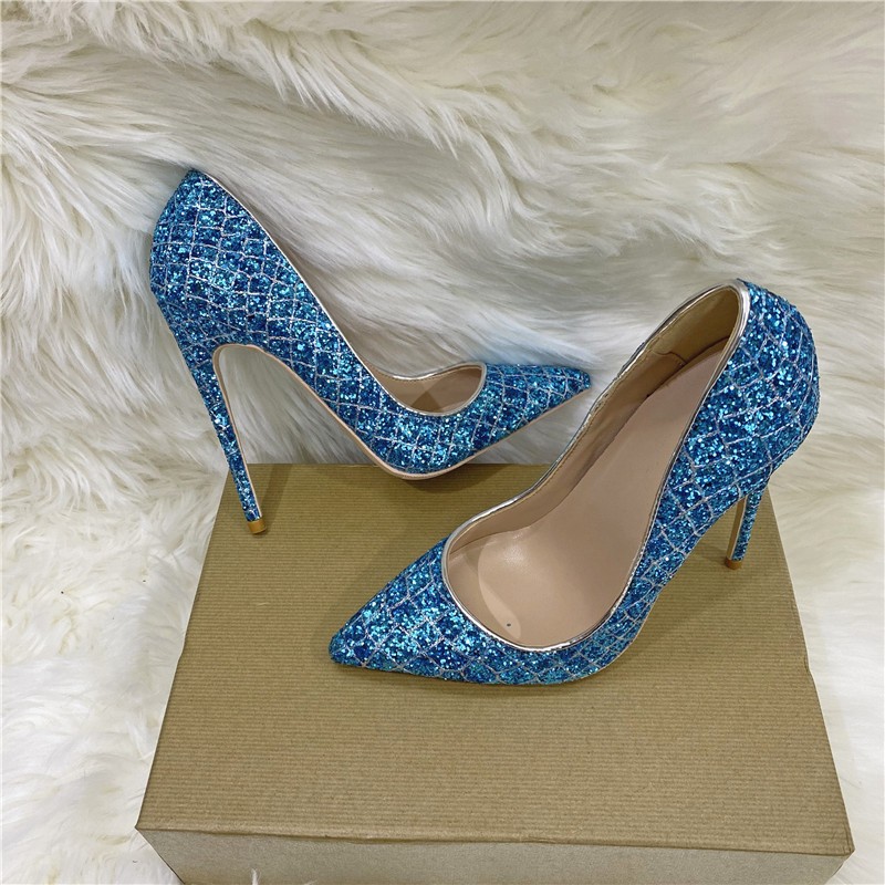 Spring new blue sequins pointed toe stiletto high heels work shoes party dress all-match large size fashion women's shoes