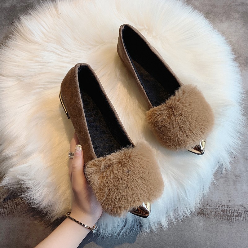 Shallow Mouth Women Autumn Fur Loafers Sneakers Female Plain Metal Pointed Toe Flats Women's Shoes