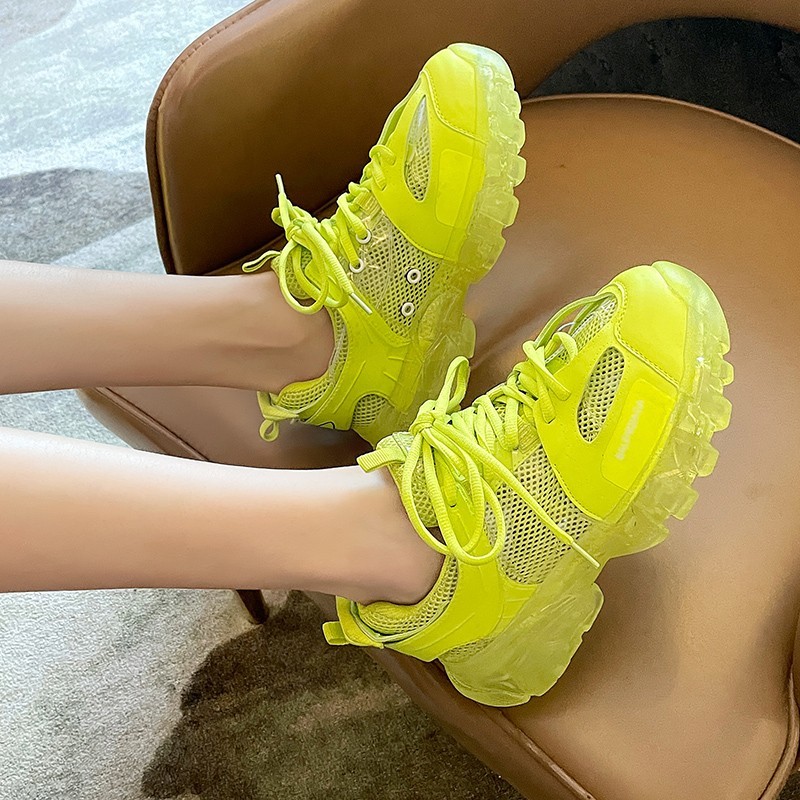 2022 New Fashion Thick Sole Women Sneakers Transparent Jelly Sneakers Chunky Air Mesh Sneakers Lace Up Shoes