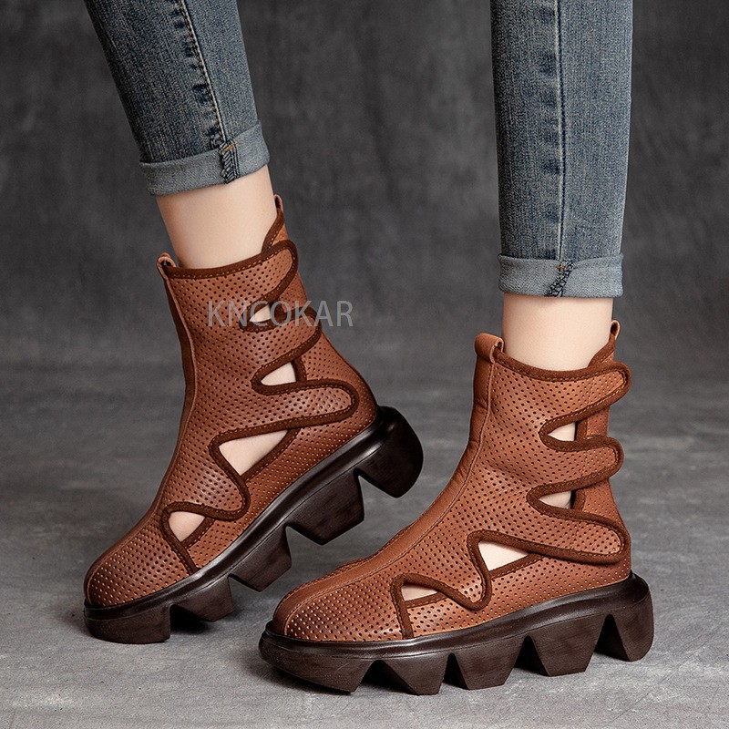 202NEW Women Summer Sandals Mid Heels Wedges Ladies Shoes Vintage Genuine Leather Plus Size Sandalias