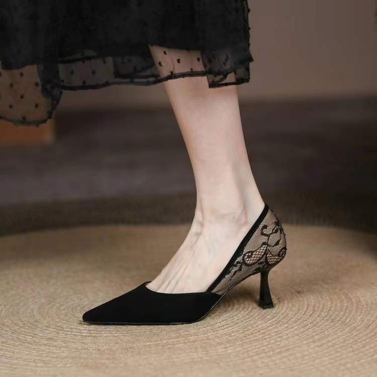 Pointed toe stiletto high heels women 2022 summer new lace stitching fashion single shoes French retro shallow women's shoes