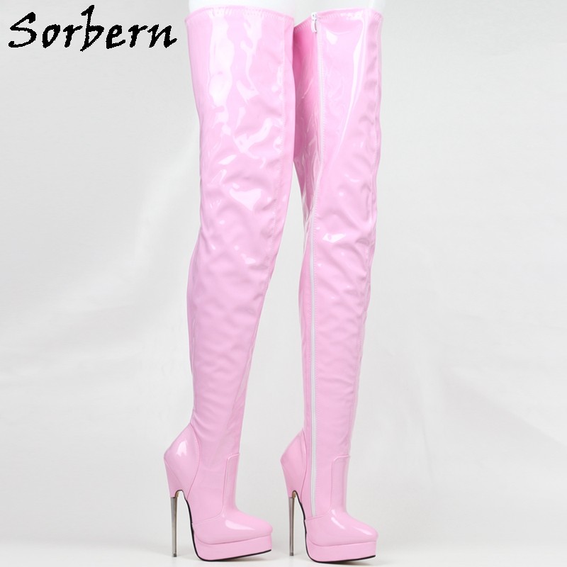 Sorbern Unisex Crotch Thigh High Boots 18cm Metal High Heel Long Boot Shoes Ladies Platform Spike Hard Walking Boot Pointy Toes