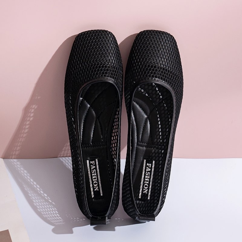 Ladies Dance Shallow Mouth Breathable Mesh Black Sandals Summer Fashion Women Transparent Soft Flat Dress Boat Shoes 35-40