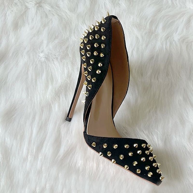 Black Flock Gold Rivets Rivets Women Flock Sexy D'Orsay Pointed Toe 12cm Pumps Stiletto Designer 10cm High Heel Shoes 8cm MD046