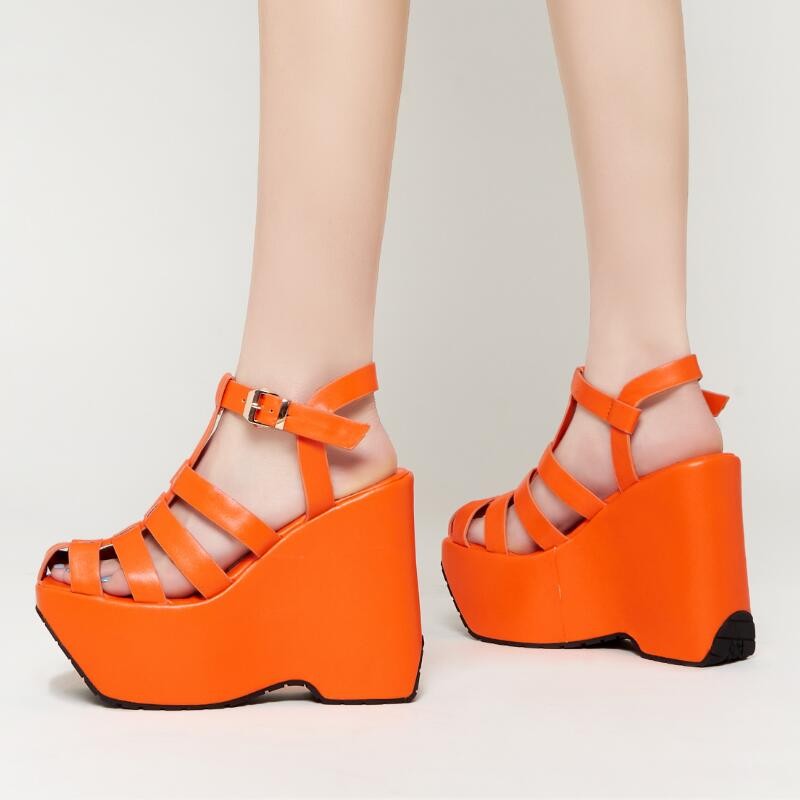 2022 New Summer Hollow Roman Sandals Ladies Thick Bottom Platform Wedge Heel Women's Shoes Black White Purple Orange Big Size 43