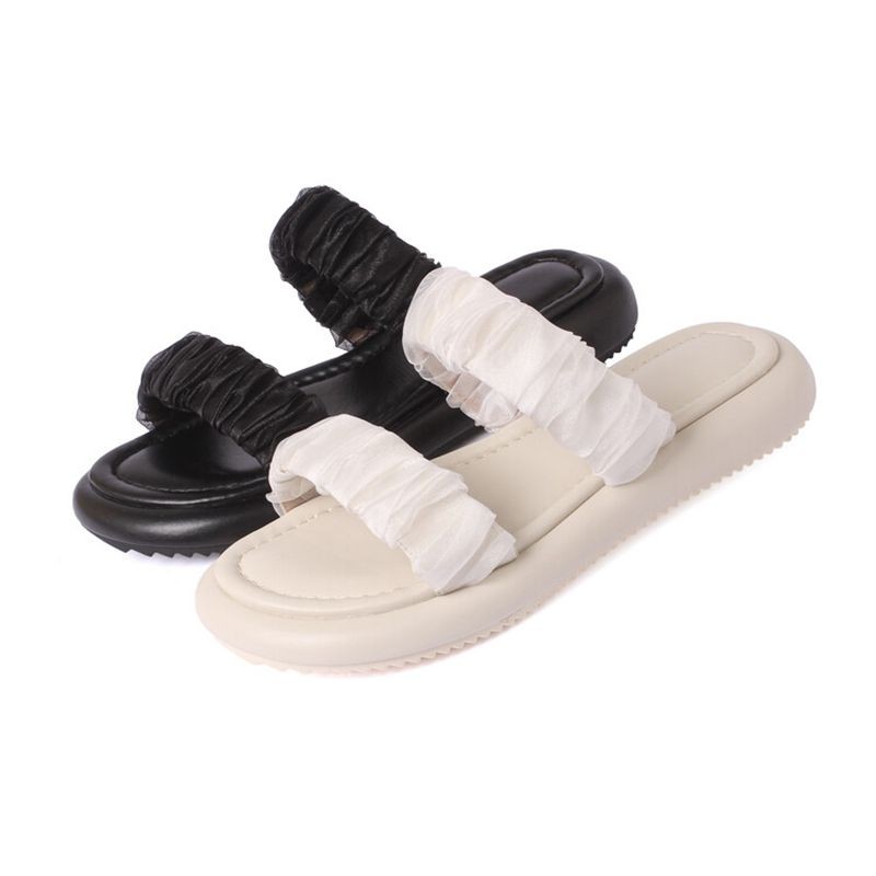 REAVE CAT 2022 Ladies Slippers Open Toe Thick Heels Satin Casual Rubber Sole EU Size 34-39 Solid White Black Concise Summer S3663