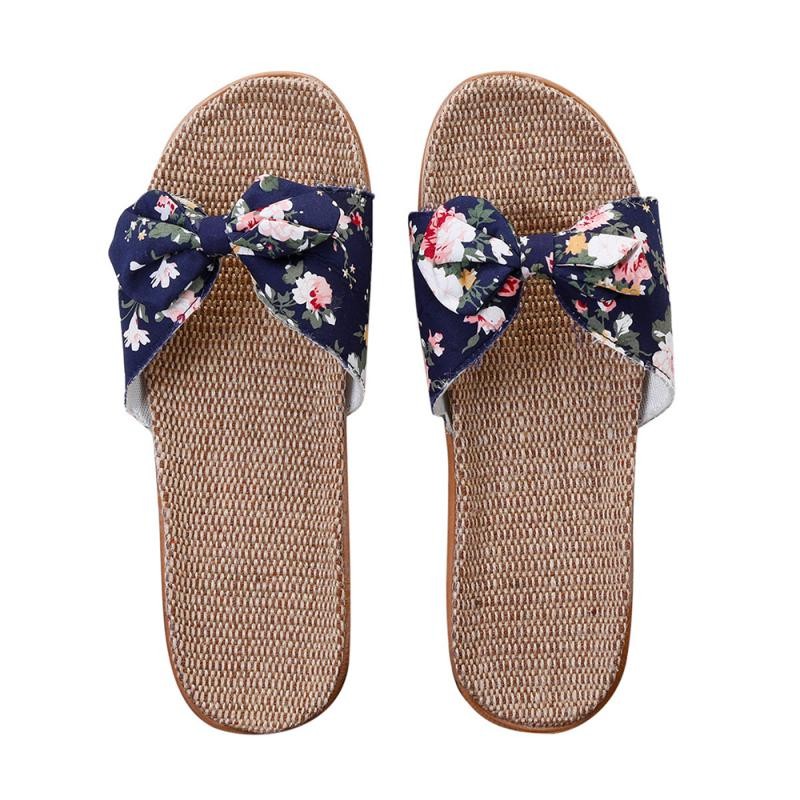 Women Summer Beach Slippers Female Breathable Floral Bow Linen Slippers Sandals Woman Non-slip Flats Female Flip Flop Fashion