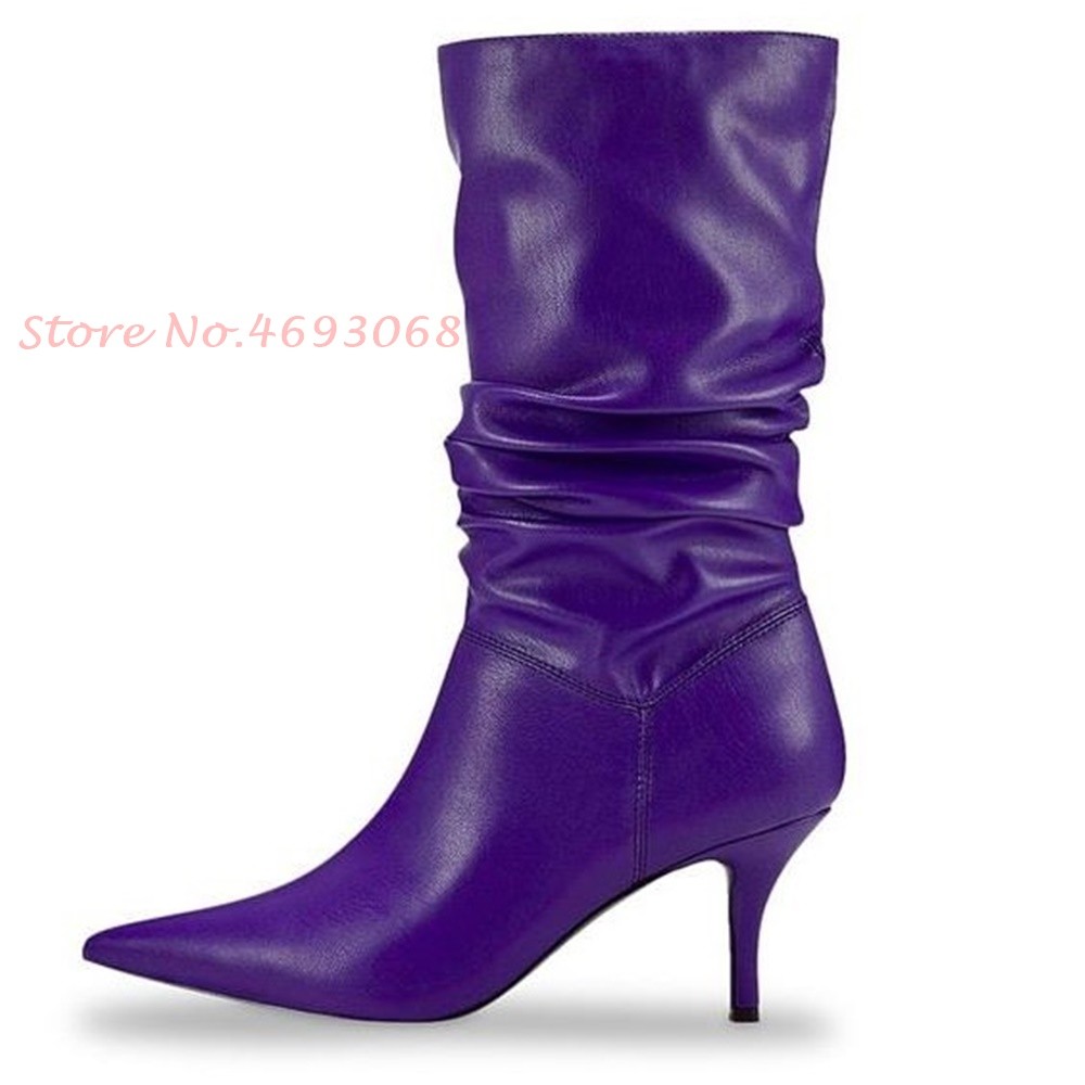 Metallic Leather Mid-Calf Boots Pleated Thin Heels Women Sexy Slip-On Pointed Toe Modern Boots 2022 Spring British Style Boots