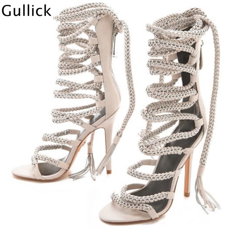 Strappy Heel Sandals Metal Chains Wrap High Heel Shoes Ankle Straps Tassel Gladiator Summer Hollow Dress Shoes Sandals