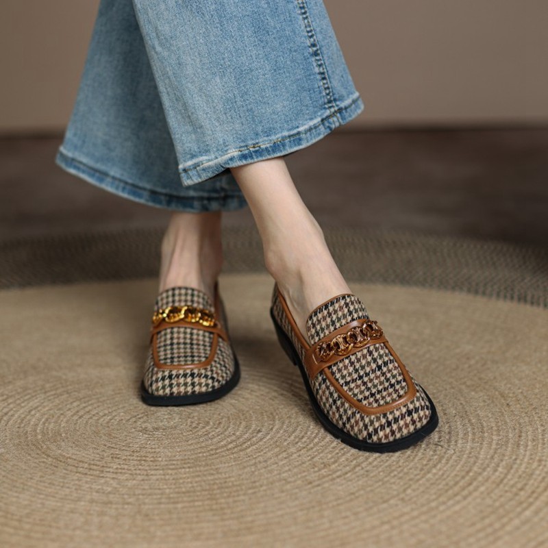 2022 Spring/Autumn Women Pumps Square Toe Chunky Heels Shoes Women Cotton Canvas Shoes Women French Retro Lattice Women Loafers