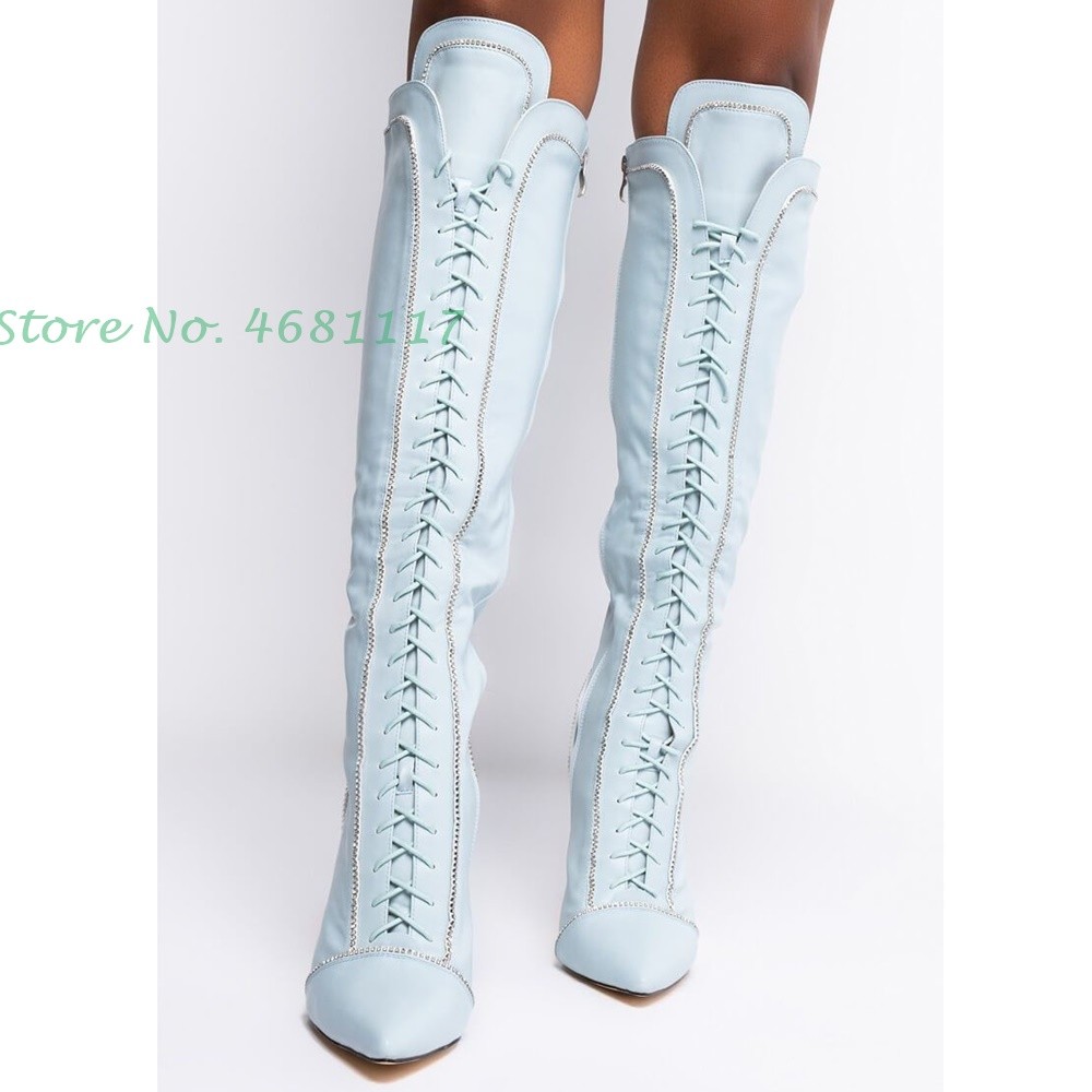 Light Blue Knee High Boots Lace-up Chic Pointed Toe Leather Splicing Long Boots Sweet Thin Heels Fashion Women Shoes Spring 2022