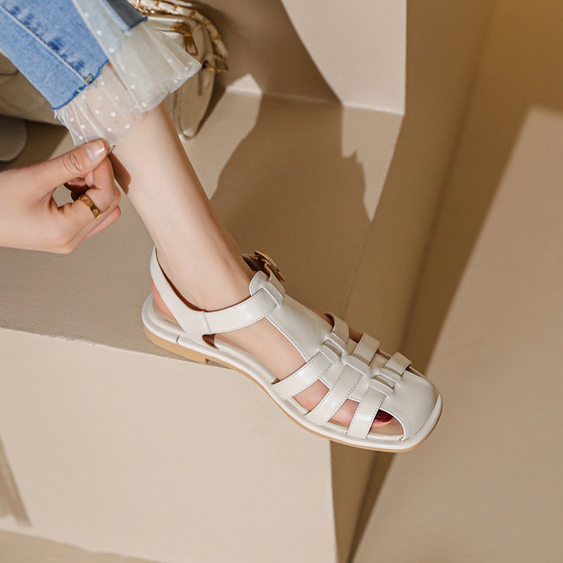 2022 New Women Real Leather Shoes Summer Sandals Buckle Strap Low Heel Hollow Out Beach Sandals Cool Women's Shoes Size 34-39