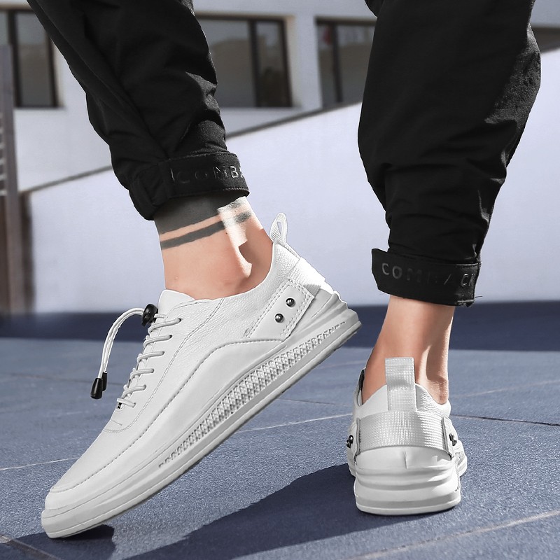 Quality genuine leather men's casual shoes trend winter warm sports shoes non-slip rubber fashion white low male shoes