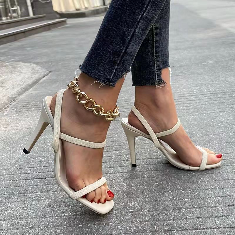 2022 spring new sexy high heels square toe large size slip on women sandals open toe shoes women sandals