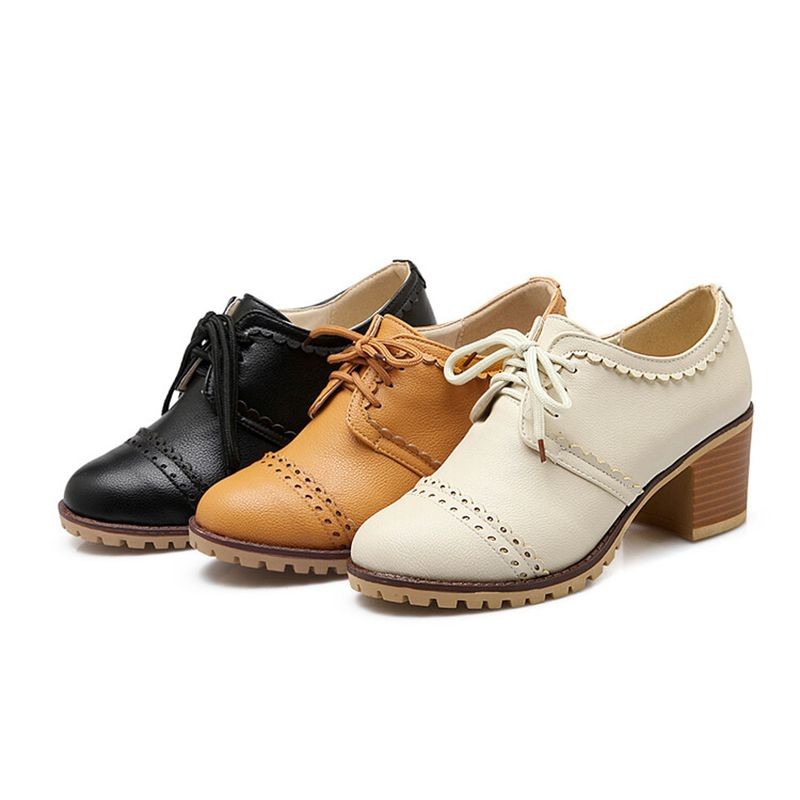 REAVE CAT Women Pumps Brogue Oxfords Round Toe Block Heels Lace-up Retro Big Size 34-43 Solid White Black Spring Casual S3620