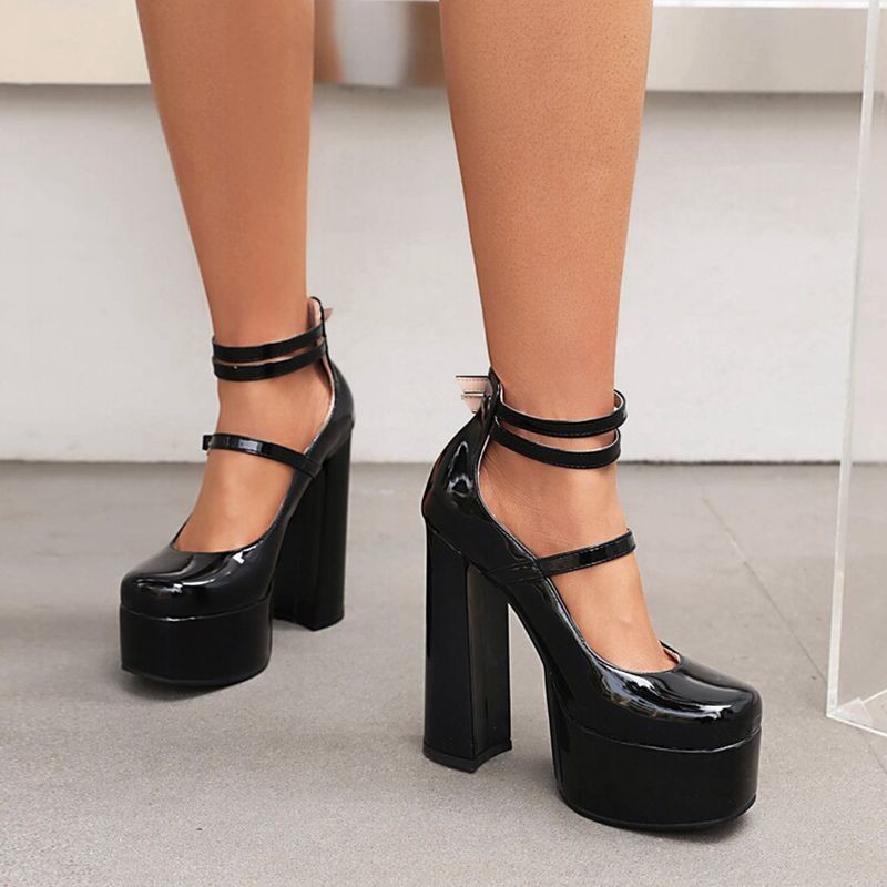 REAVE CAT Women Pumps Square Toe High Block Heels Buckle Straps Punk Platform Big Size 35-41 Solid Red Black Sexy Spring S3626