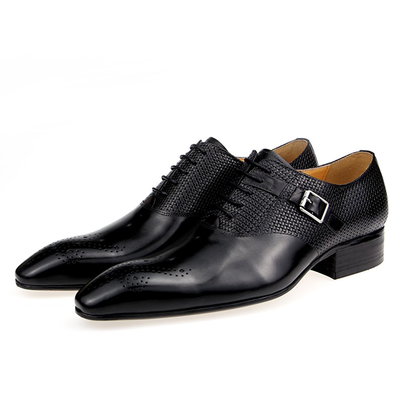 Male brogue wedding dress genuine leather lace-up handmade business casual custom shoes model fashion exquisite buckle ABS black