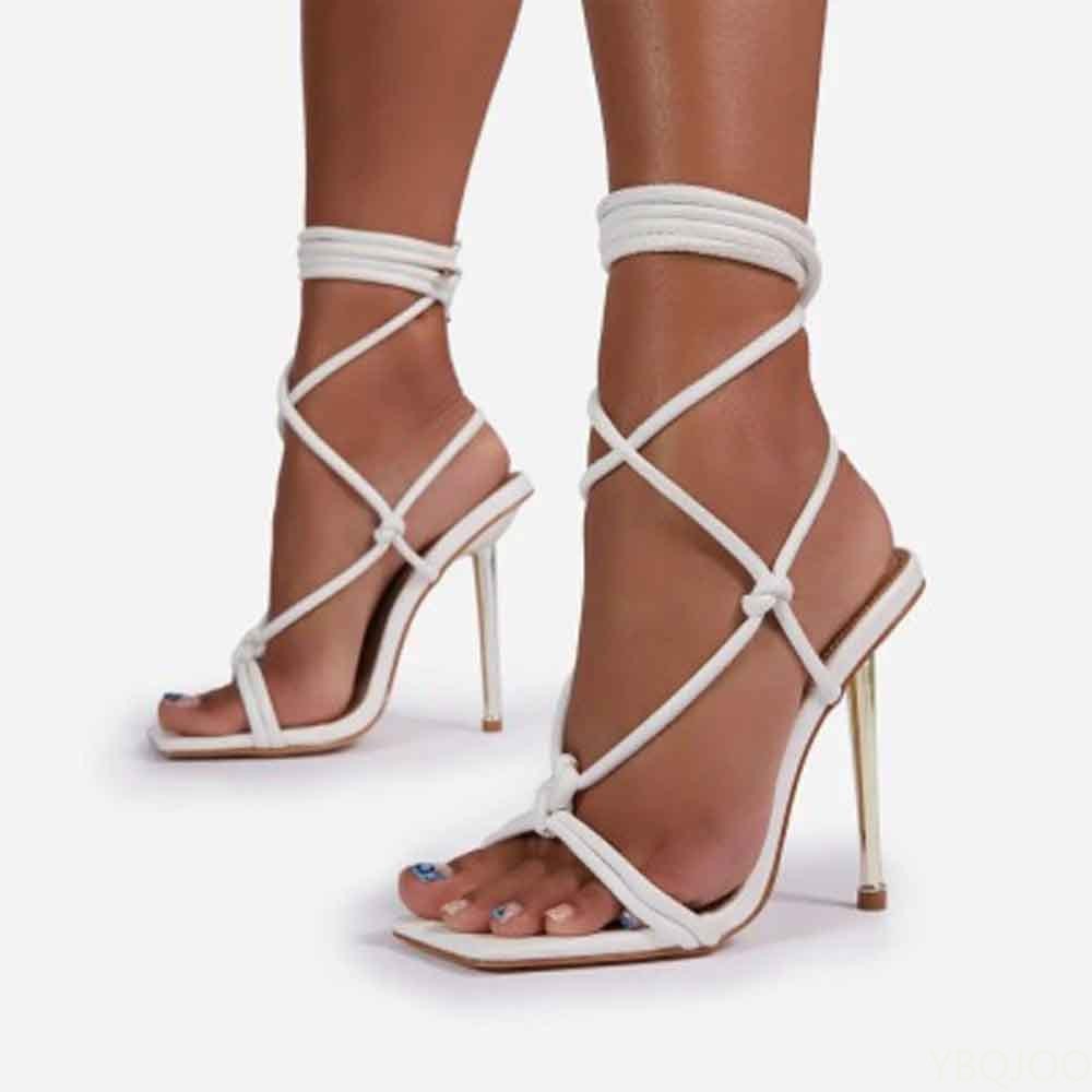 2022 New Summer Women Shoes Metal Heeled Cross Strap Party High Heel Sandals Lace Up Gold White Black Women Shoes