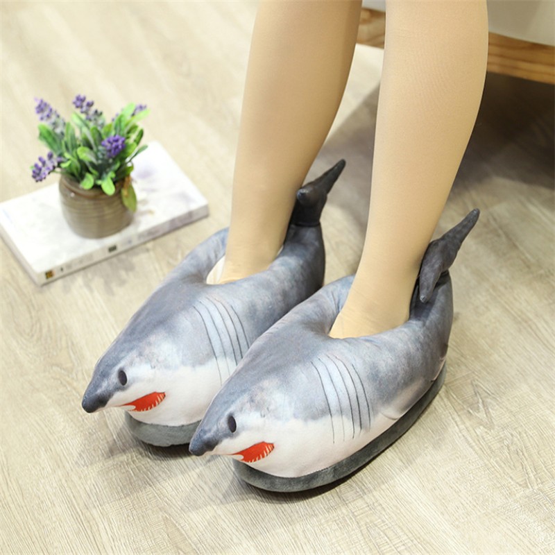 New winter super shark shape funny shoes for men and women warm soft bottom 2021 home indoor floor fish furry winter slippers