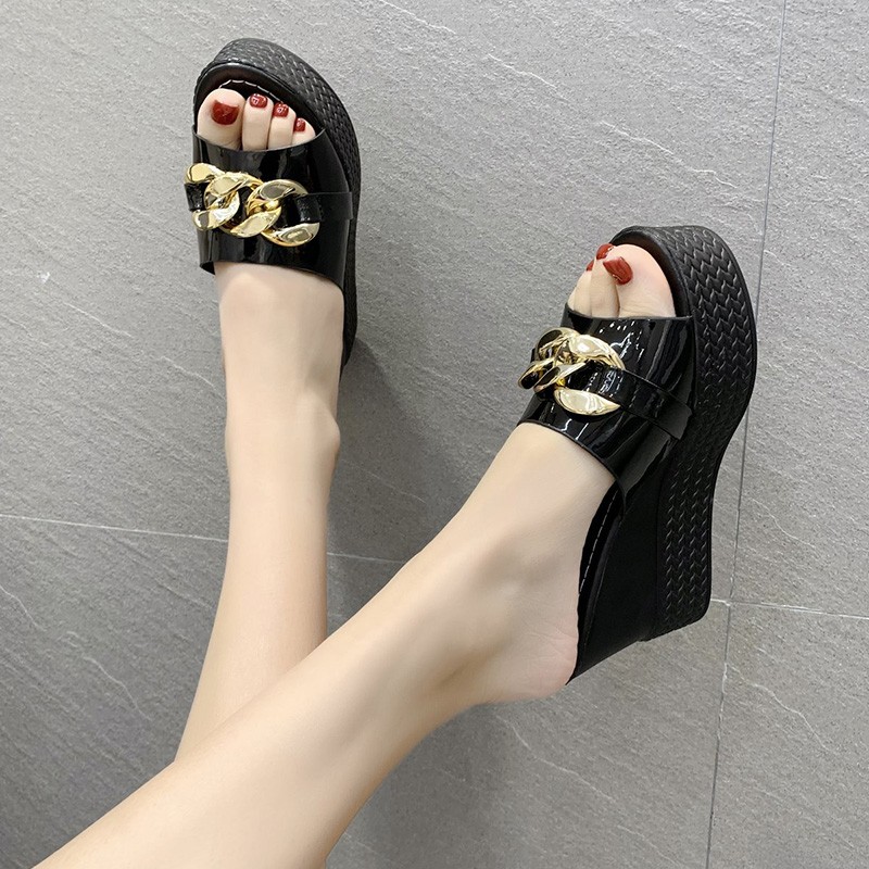 Chain High Heels Slippers Women Wedding Shoes Summer 2022 White Black Platform Wedges Slides Ladies Beach Slippers