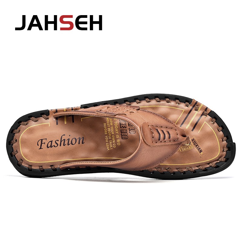 Brand handmade slippers high quality genuine leather men flip flops original design indoor and outdoor soft beach casual shoes