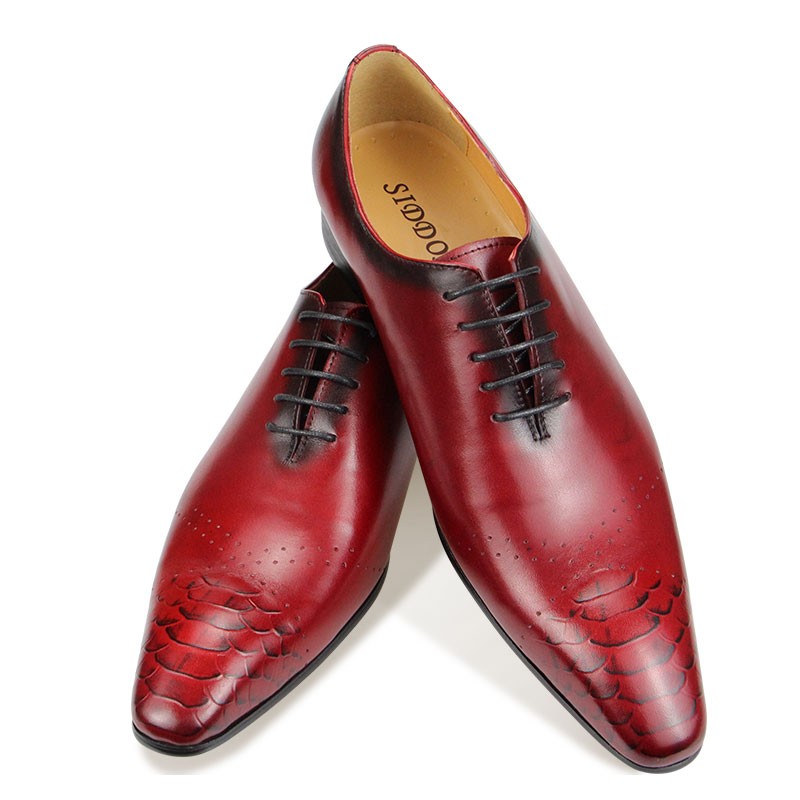 Oxford Luxury Vintage Formal Cow Leather Dress Shoes Fashion Men Lace Up Elegant Business Wedding Office Red Black Pointed Toe