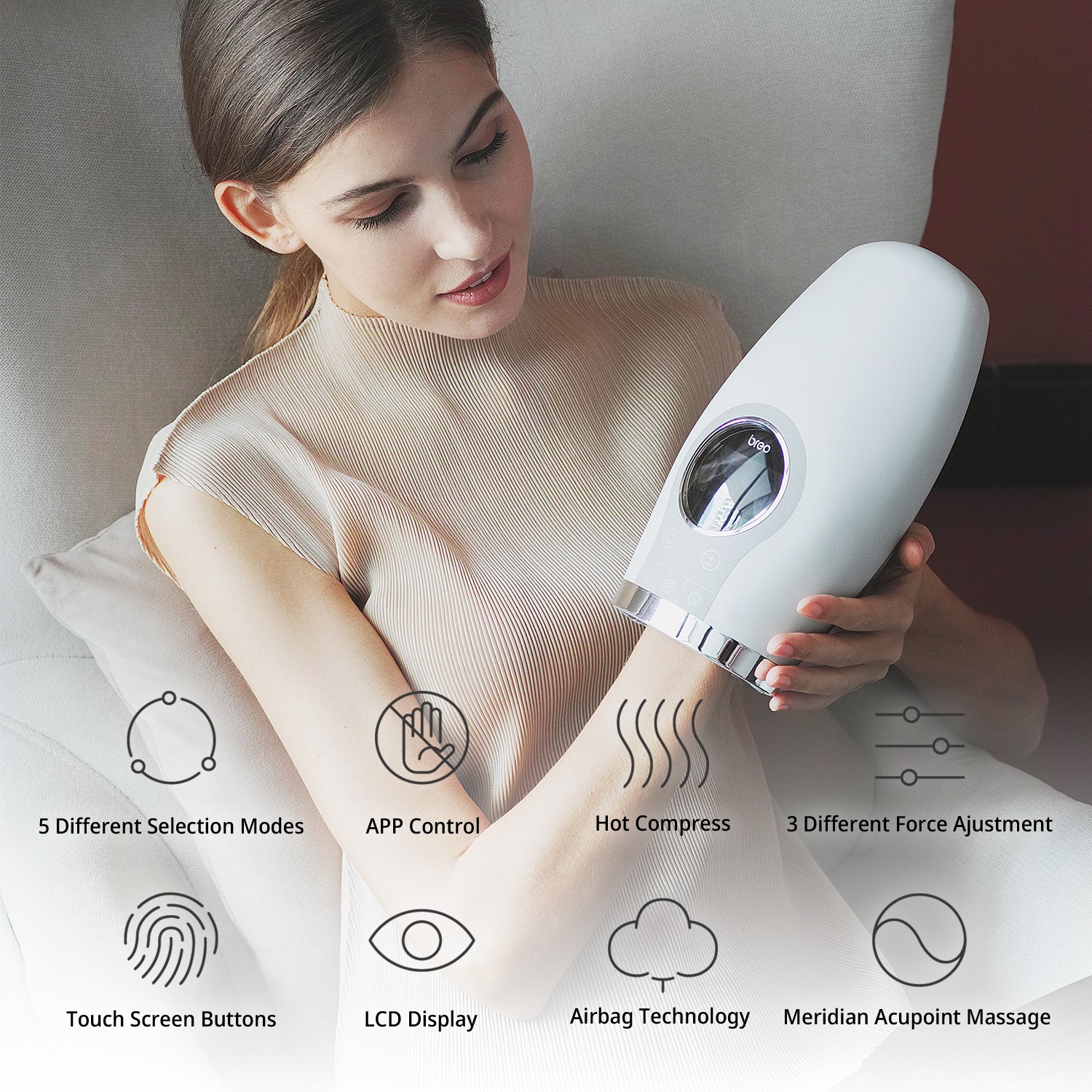 Breo WOWOS Electric Acupressure Hand Massager Palm Finger Massage with Air Pressure Heat Pressure and LCD Disply